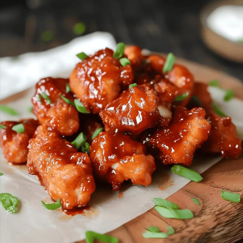 Sweet and sour chicken bites, garnished with green onions, on a wooden board.