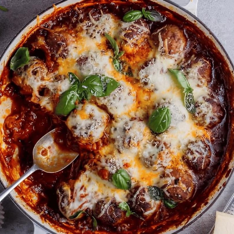 Mikes Pizza Doral's baked meatballs in rich tomato sauce with melted cheese and fresh basil.