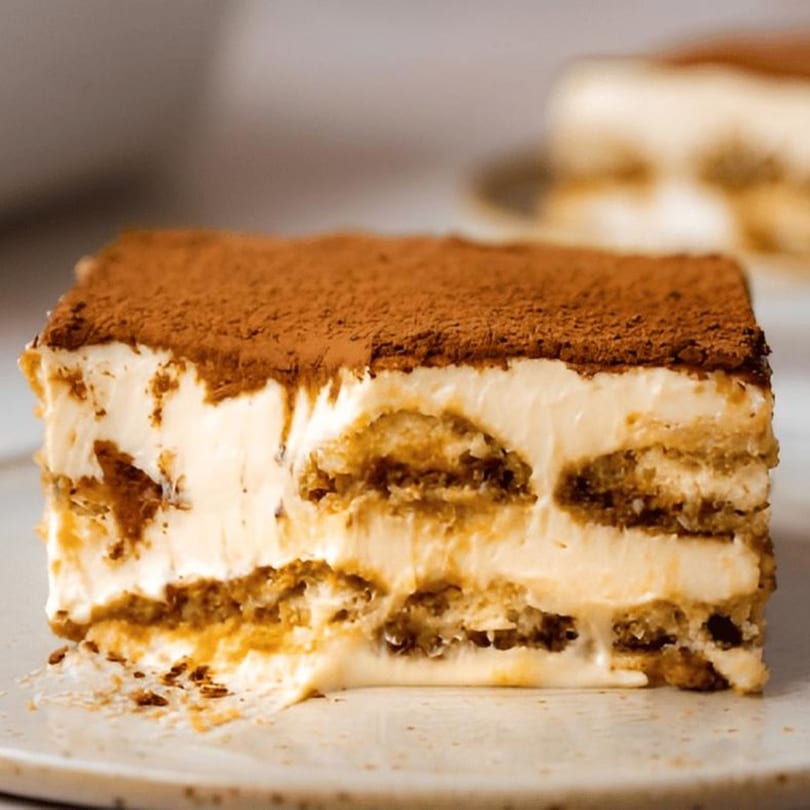 A close-up of a slice of Mikes Pizza Doral's tiramisu, topped with cocoa powder.