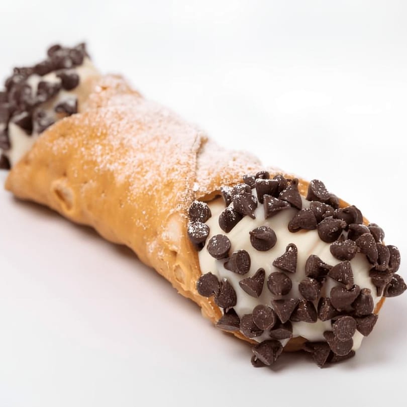 A Mikes Pizza Doral cannoli, filled with cream and topped with chocolate chips and powdered sugar.